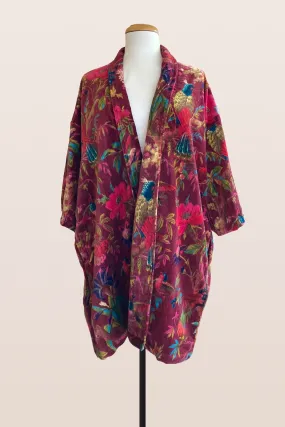 Hand Printed Floral Velvet Kimono - Burgundy