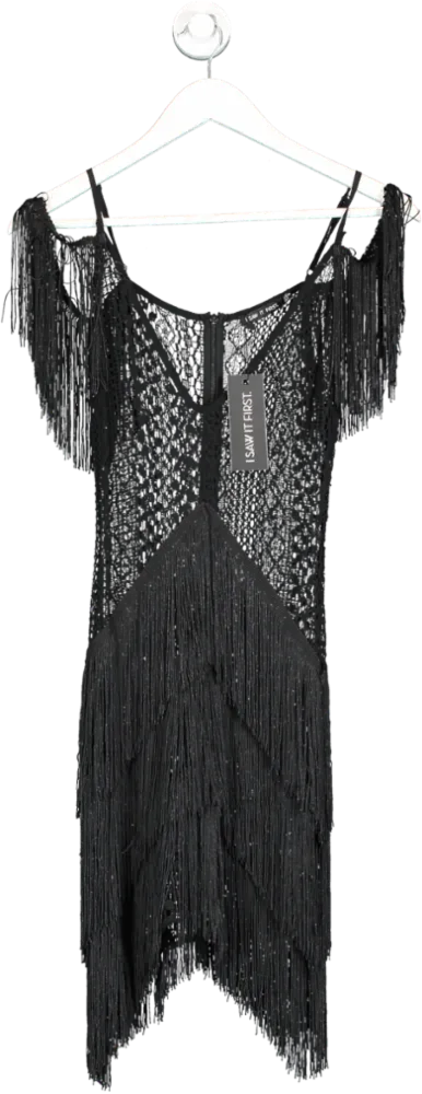 I saw it first Black Lace & Fringe Cold Crochet Shoulder Dress UK 6