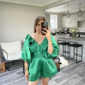 In The Style Green Puff Shoulder Playsuit UK 8