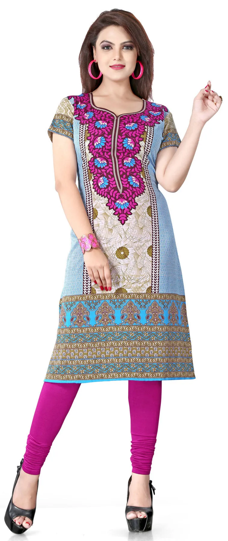 India Tunic Top Long  Kurti Womens Printed Indian Clothing (Magenta)