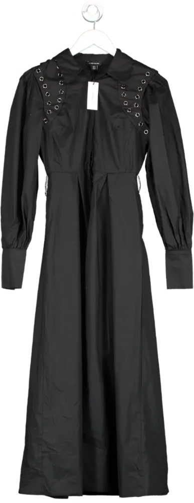 Karen Millen Black Cotton Eyelet Belted Long Sleeve Woven Maxi Dress UK 6