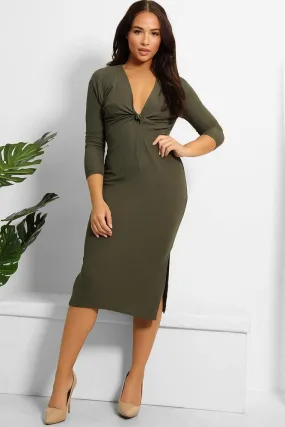 Khaki Ribbed Jersey Twist Front Midi Dress