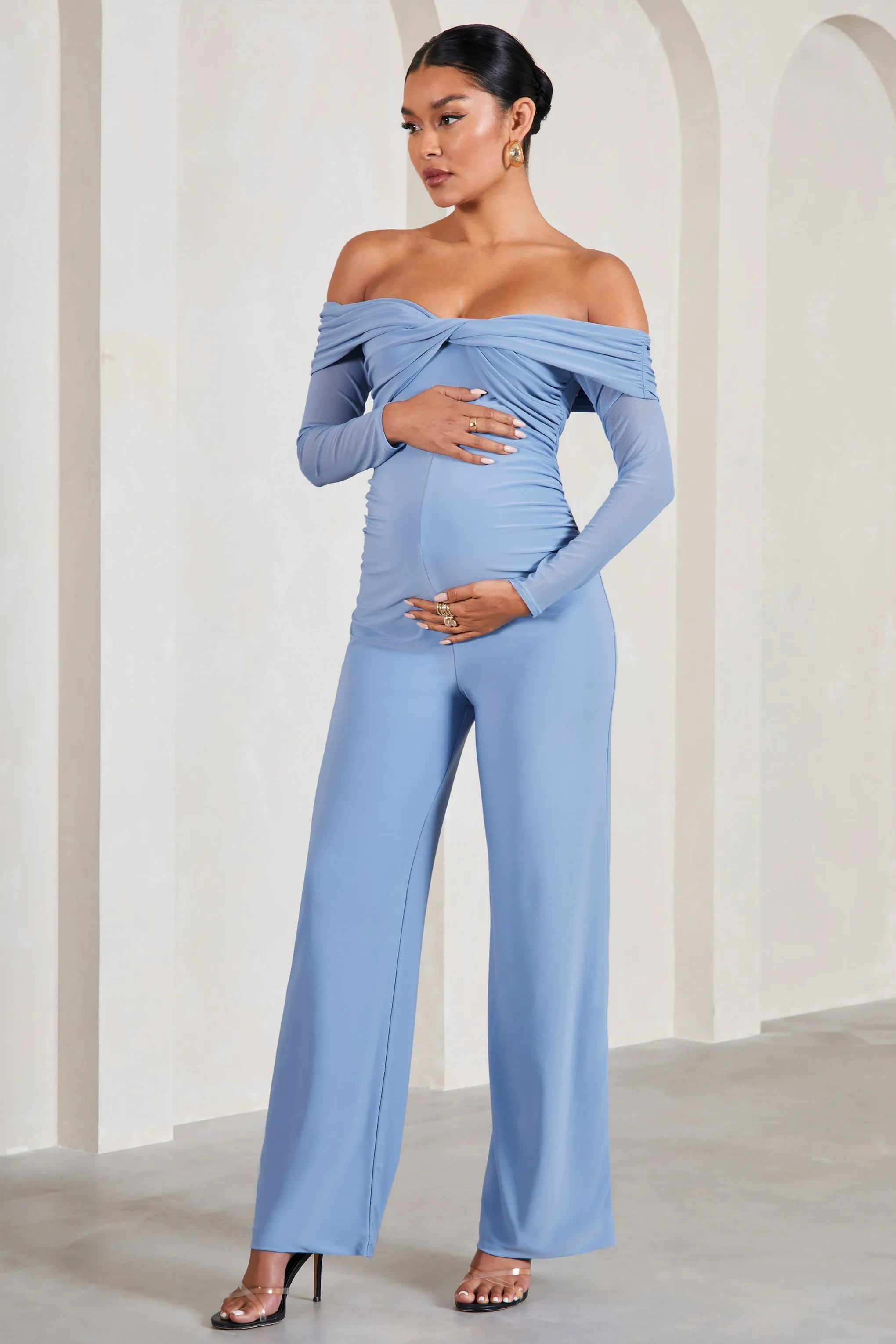 Kyla | Cornflower Blue Ruched Bardot Long-Sleeved Wide-Leg Maternity Jumpsuit