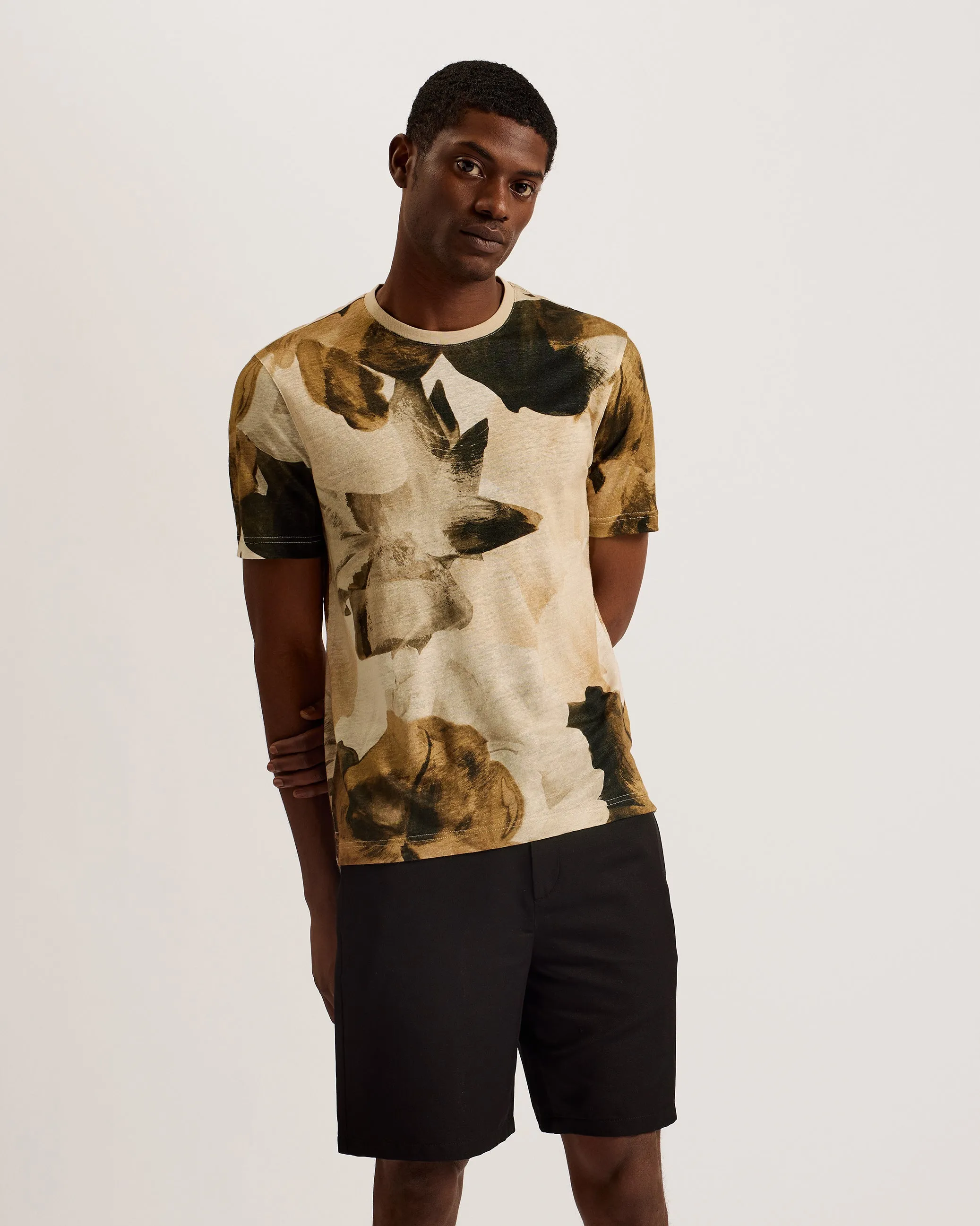 Landly Ss Regular Printed Linen T-Shirt Natural