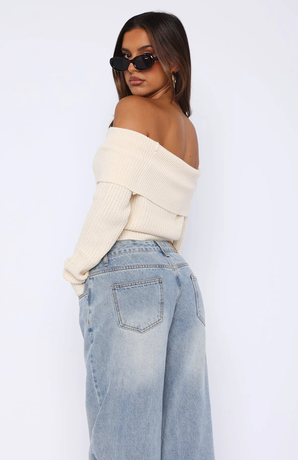 Late Night Out Off Shoulder Knit Top Cream