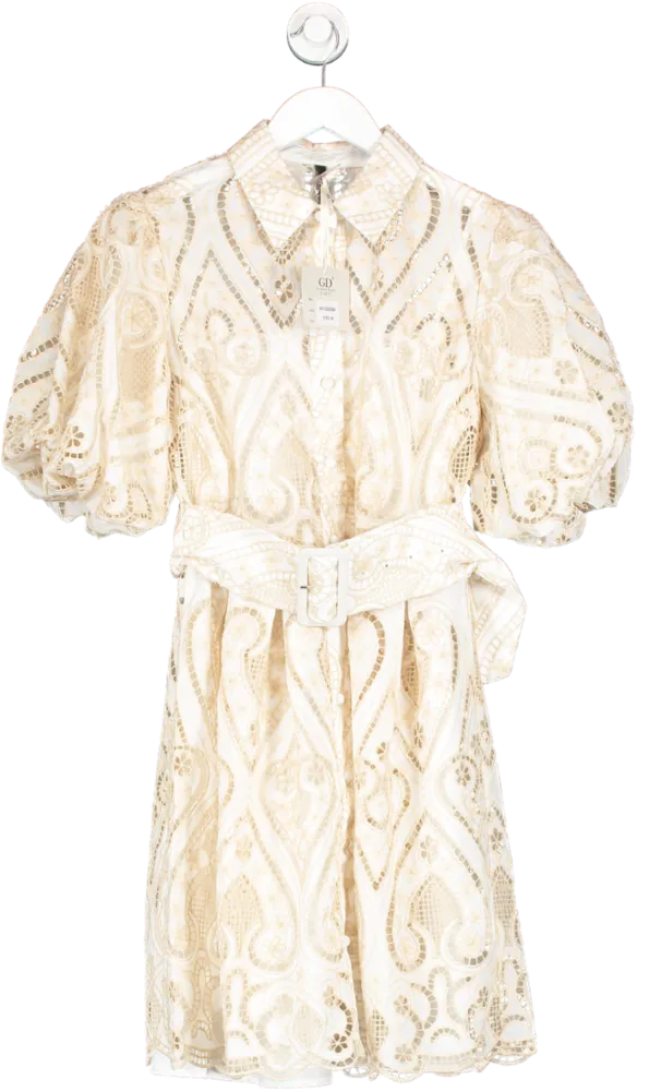 law & co Ivory / Beige Golden Days Broderie Puff Sleeve Creation Dress UK S