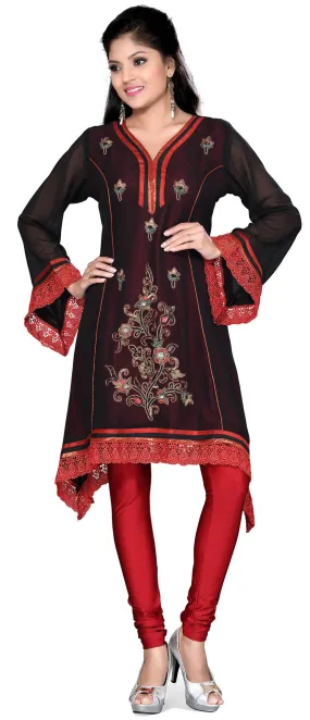 Long India Womens Kurti Hand Sewn Beaded Blouse Indian Clothing (Black-Brown)