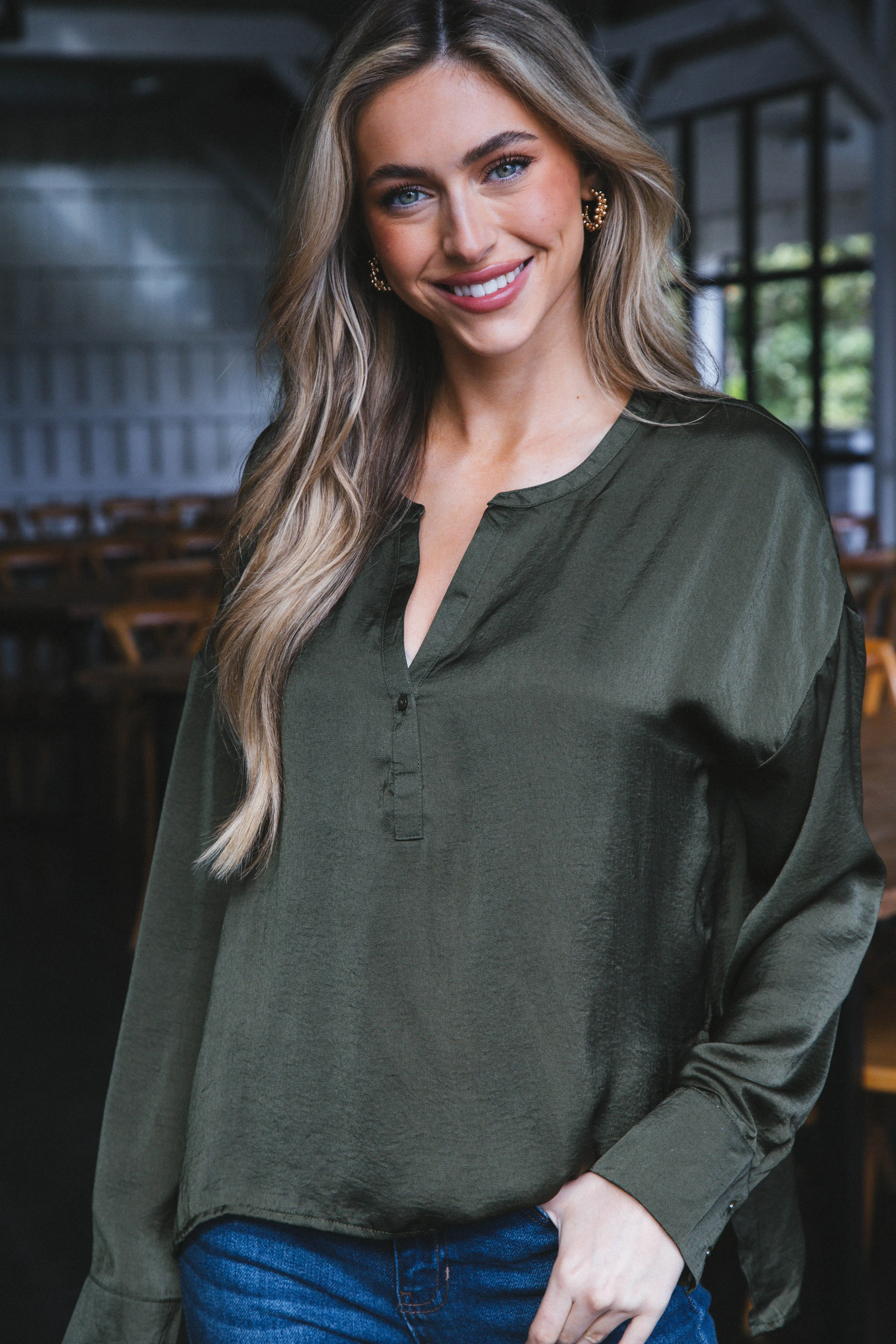 Madison Button Neckline Long Sleeve Top, 2 Colors