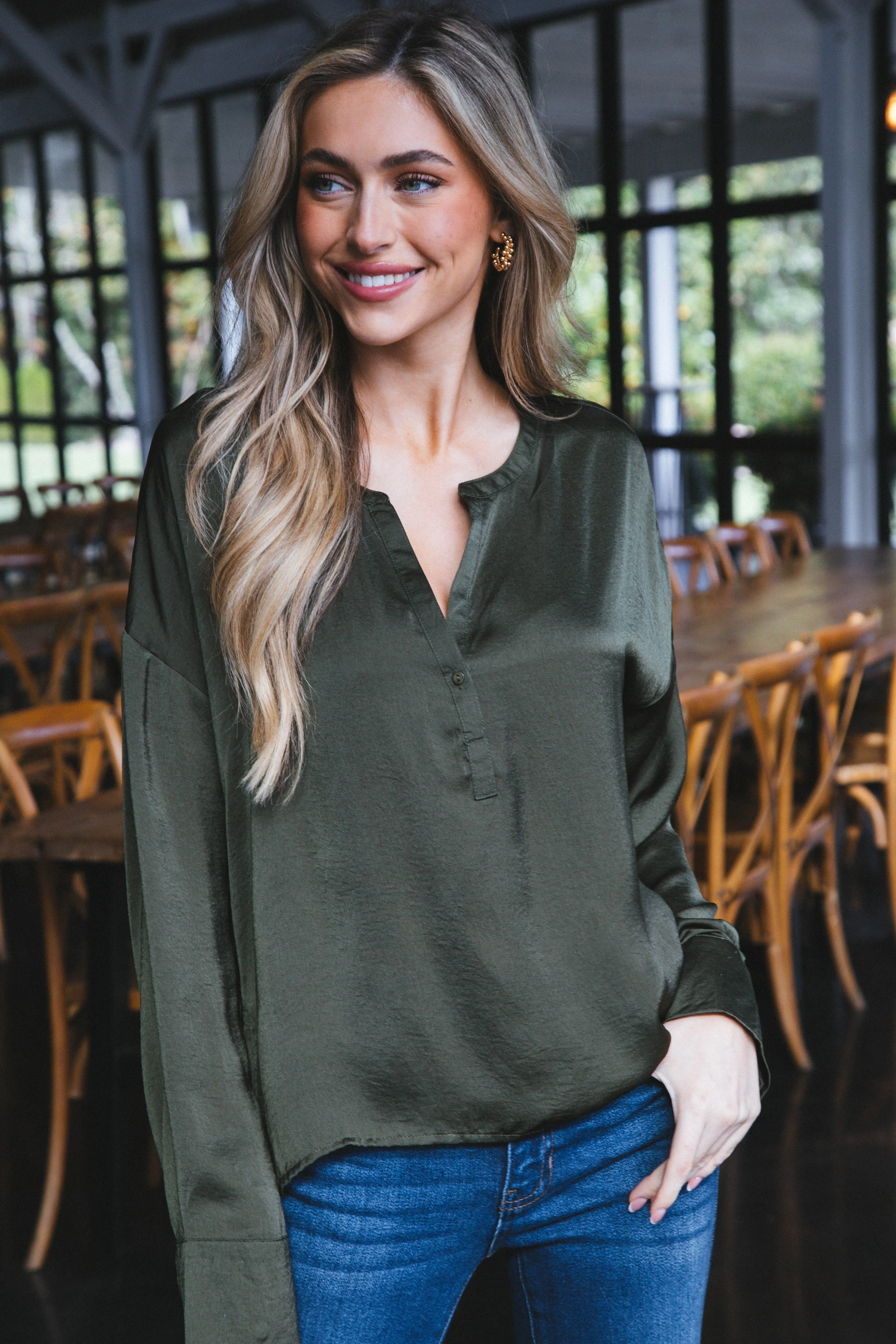 Madison Button Neckline Long Sleeve Top, 2 Colors