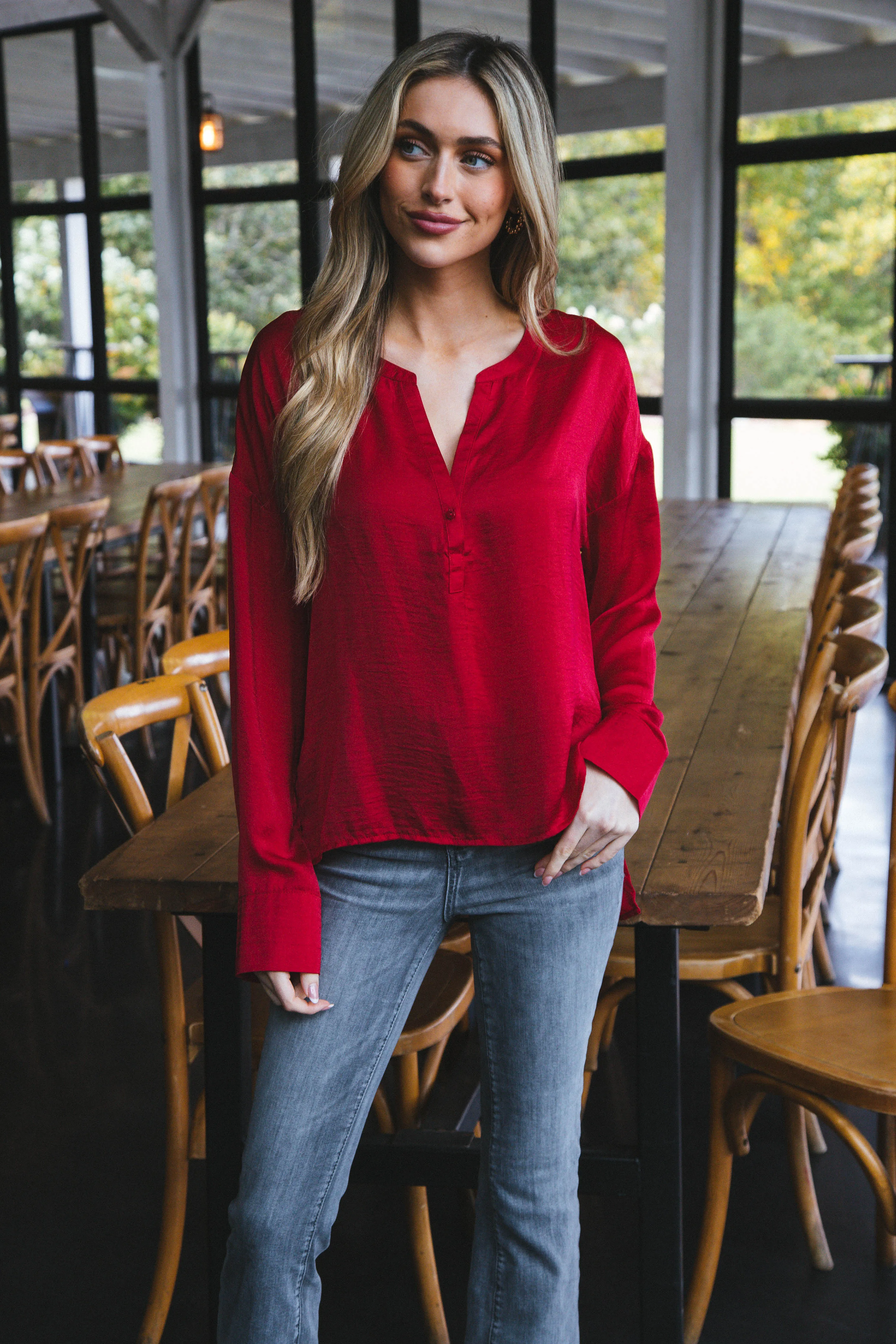 Madison Button Neckline Long Sleeve Top, 2 Colors