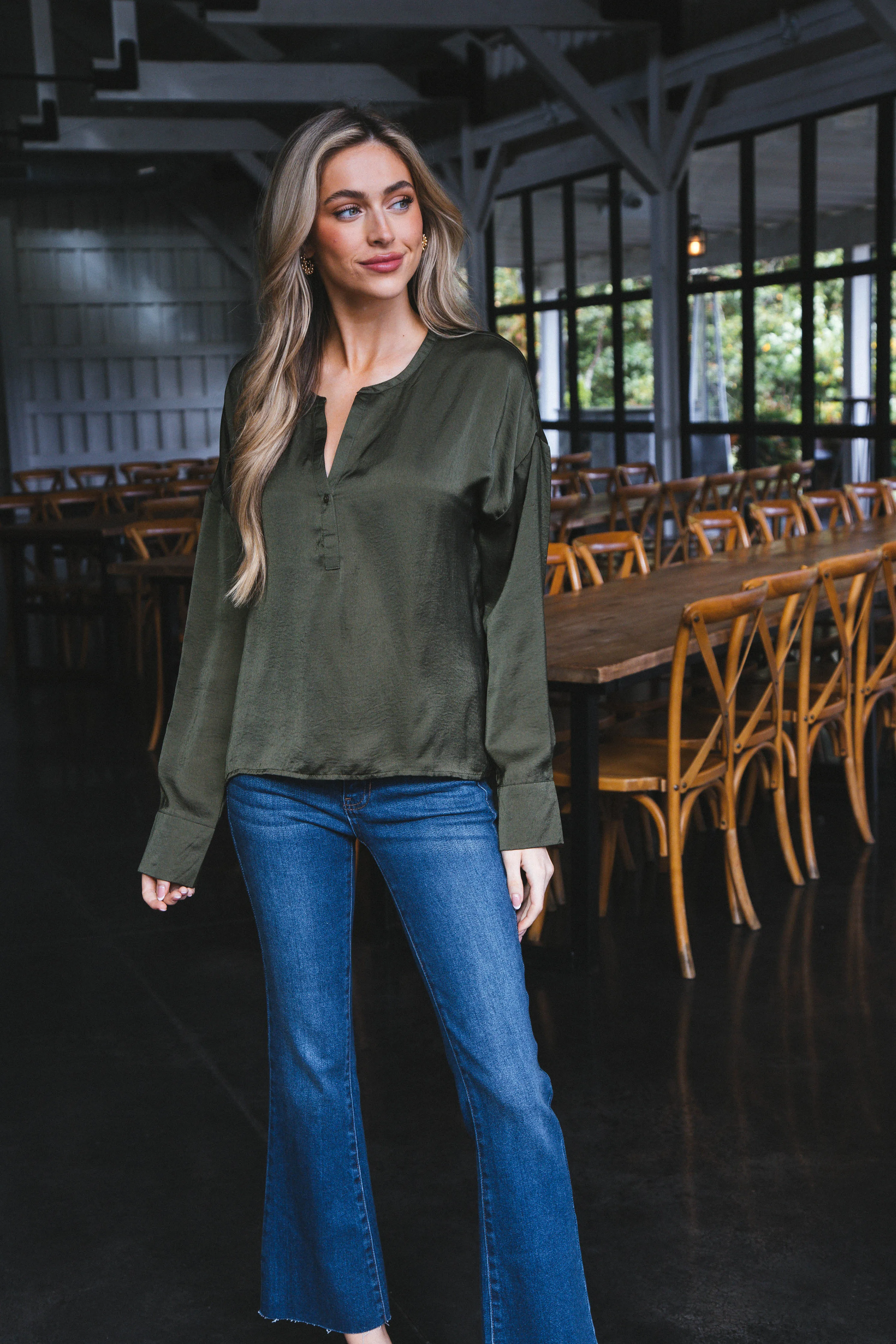 Madison Button Neckline Long Sleeve Top, 2 Colors