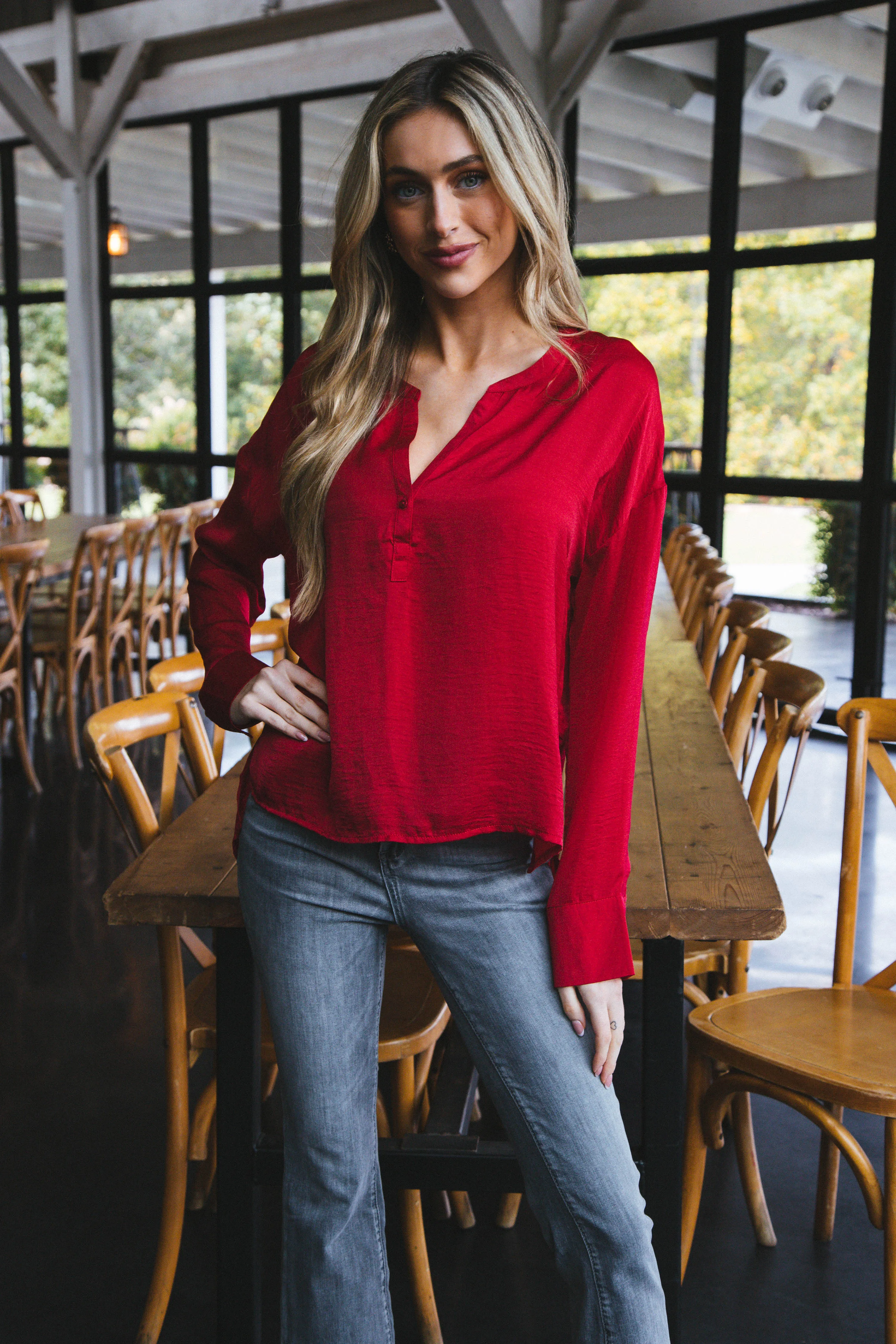 Madison Button Neckline Long Sleeve Top, 2 Colors