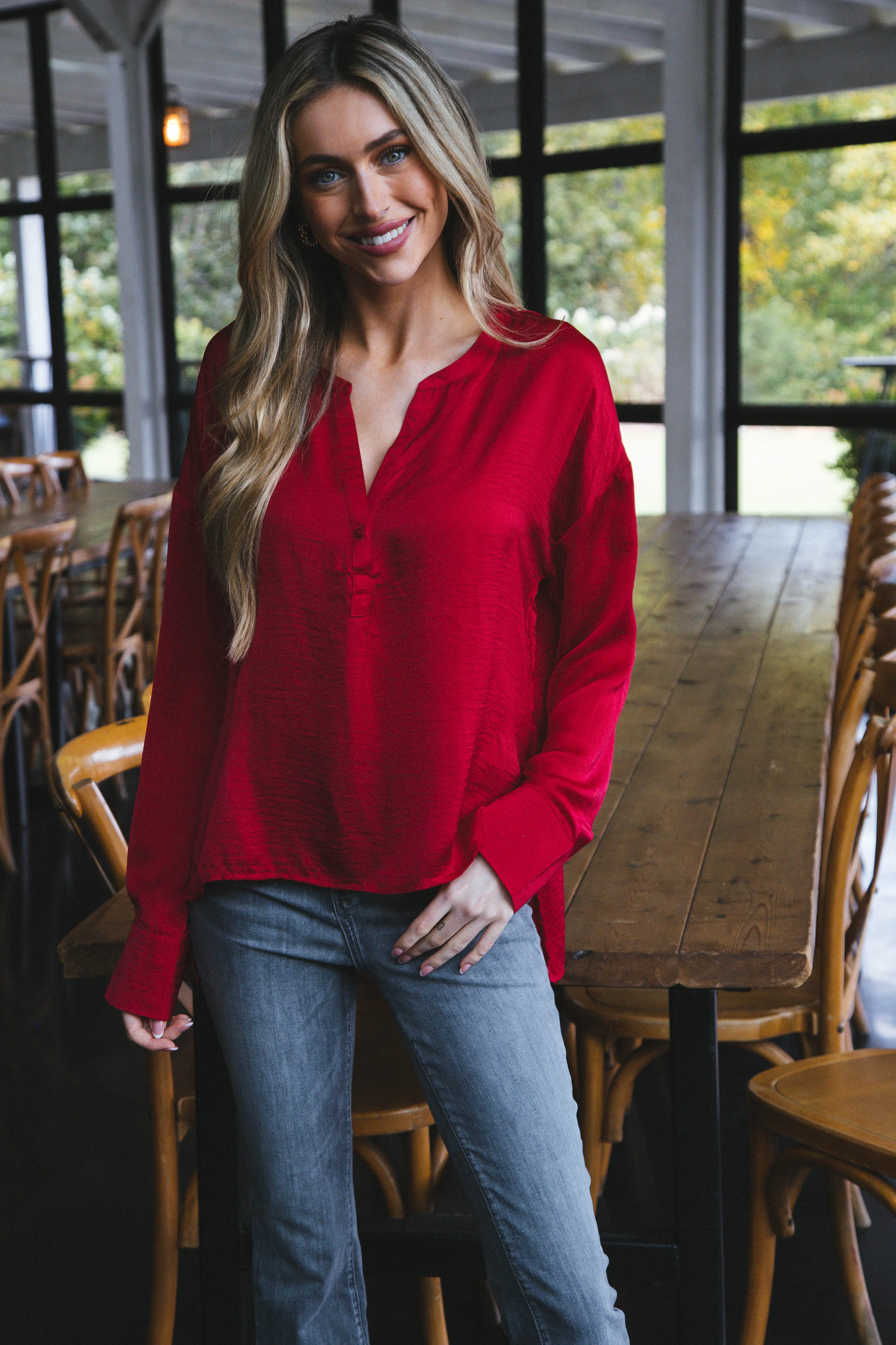 Madison Button Neckline Long Sleeve Top, 2 Colors