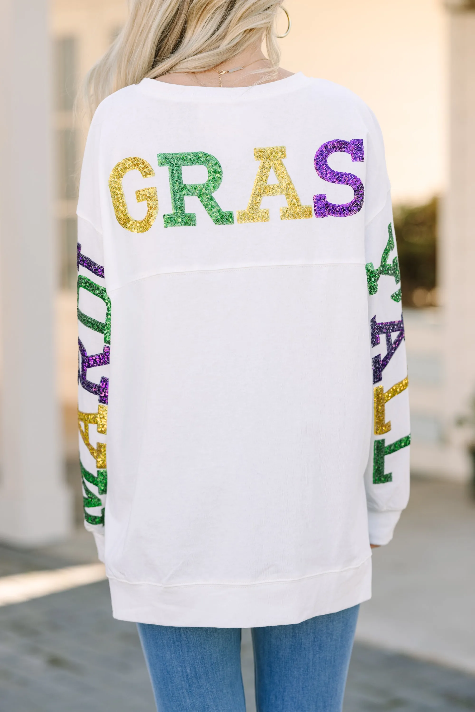 Mardi Gras Y'all White Varsity Pullover