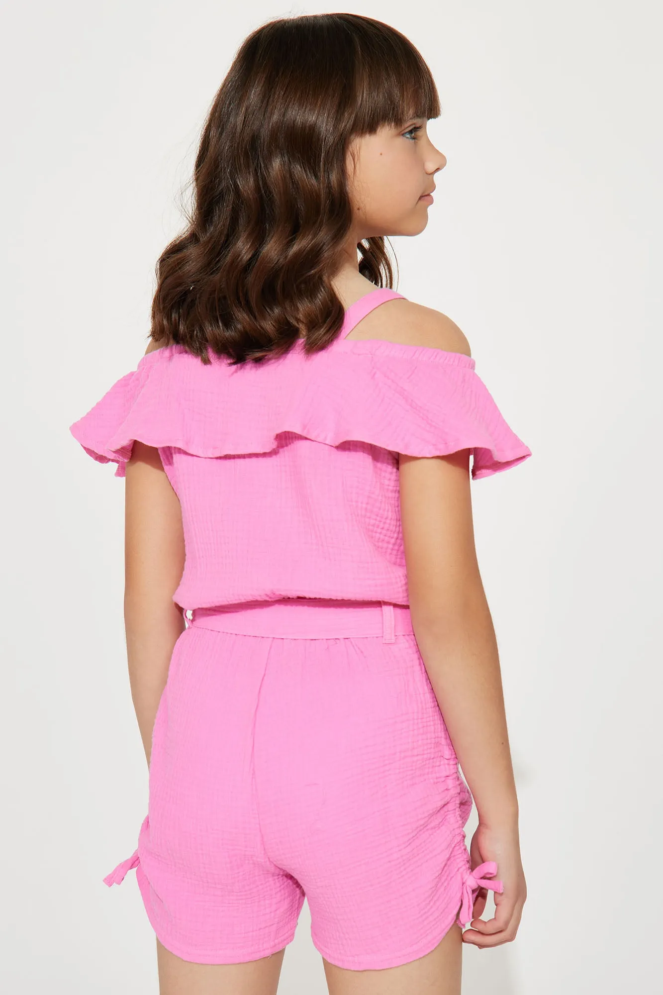 Mini Cotton Gauze Cold Shoulder Romper - Neon Pink