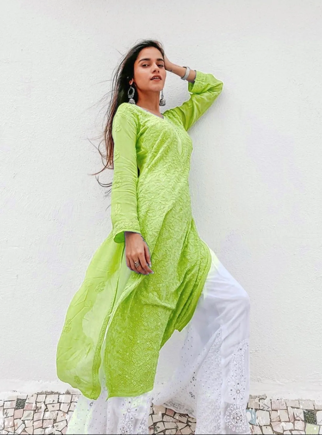 Mira Viscose Mukaish Long Chikankari Kurti