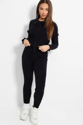 Navy Pussy-Bow And Frill Details Large Rib Knit Lounge Set