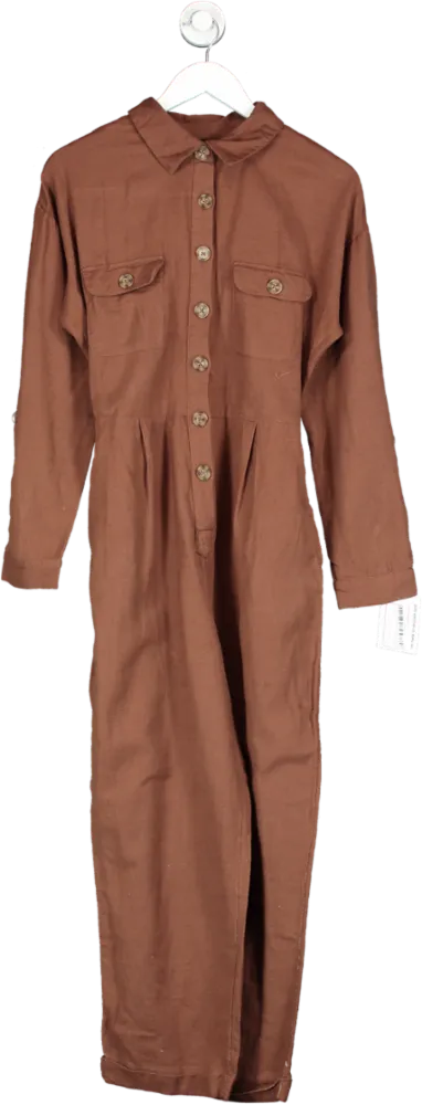 newlook Brown Cotton Belted Button Front Jumpsuit UK 8