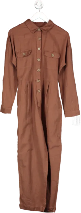 newlook Brown Cotton Belted Button Front Jumpsuit UK 8