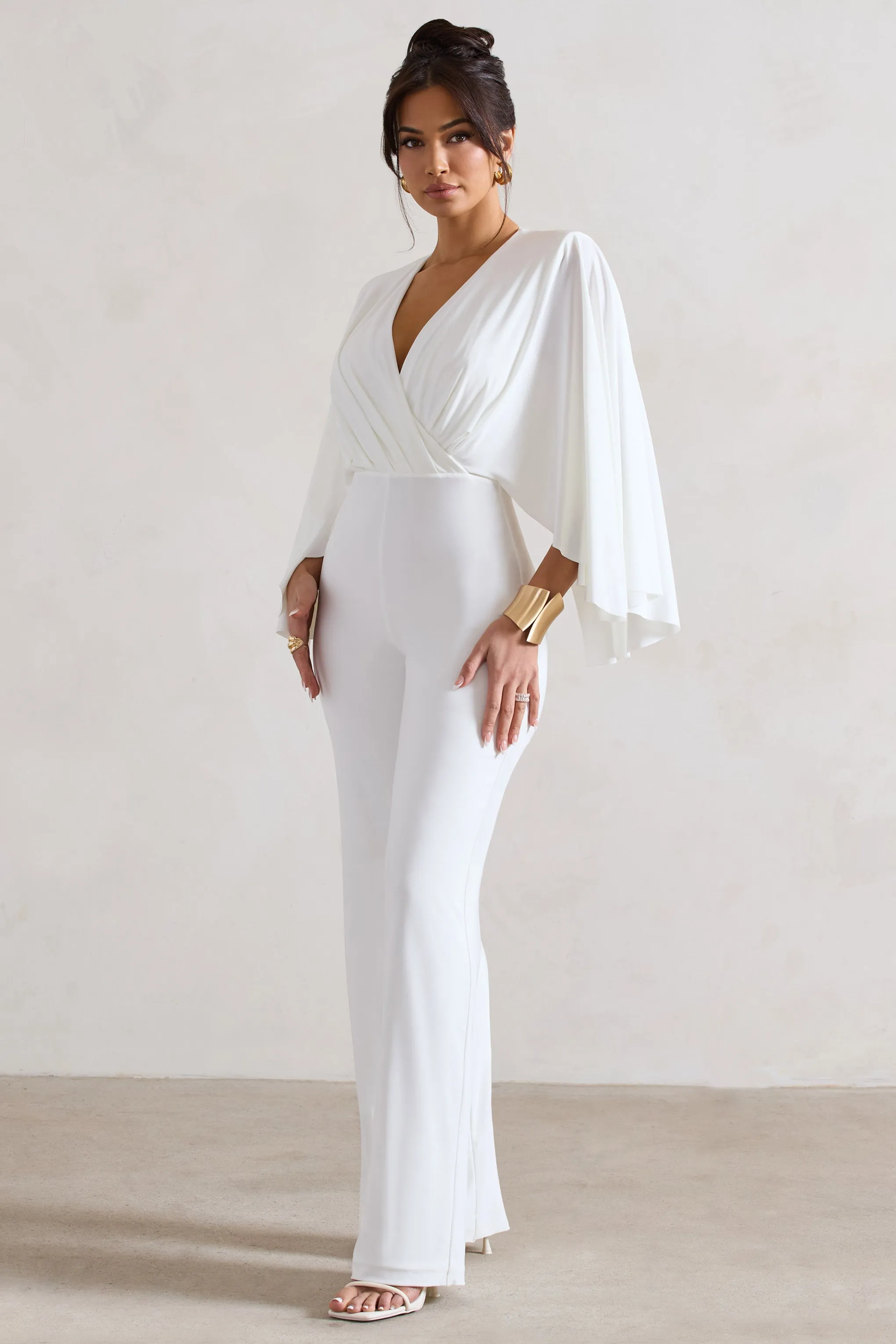 Nori | White Plunge-Neck Straight-Leg Cape Jumpsuit