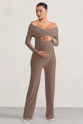 Nuala | Mocha Bardot Maternity Jumpsuit with Long Sleeves