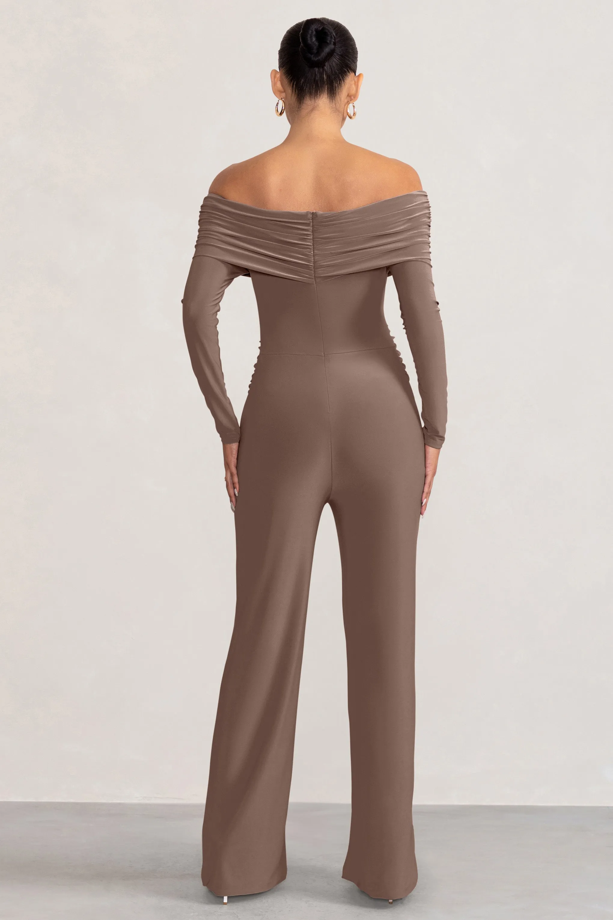 Nuala | Mocha Bardot Maternity Jumpsuit with Long Sleeves