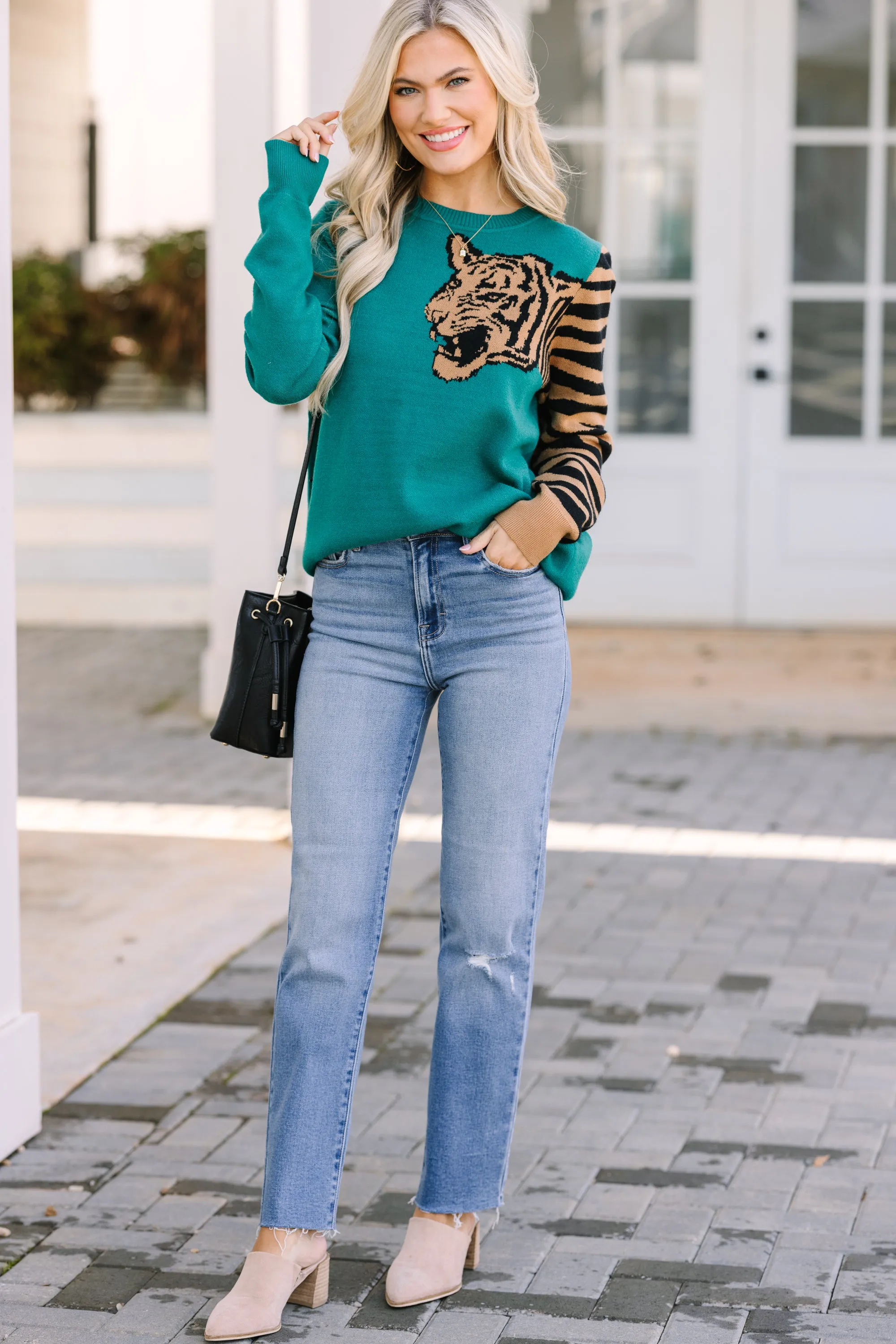 Over Your Shoulder Hunter Green Tiger Sweater