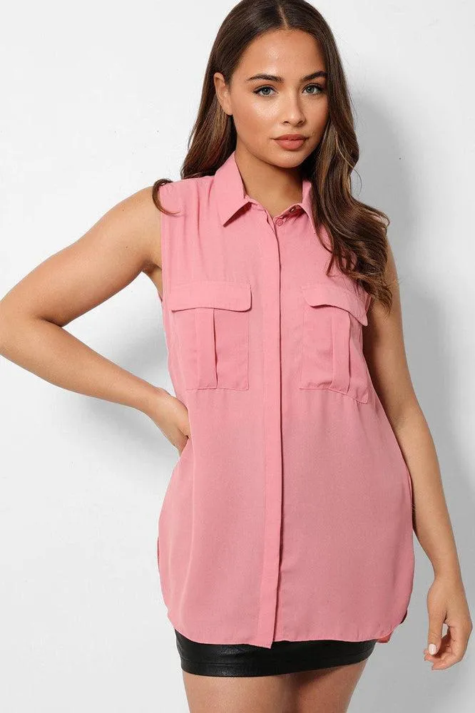 Pink Sleeveless Chest Pocket Shirt