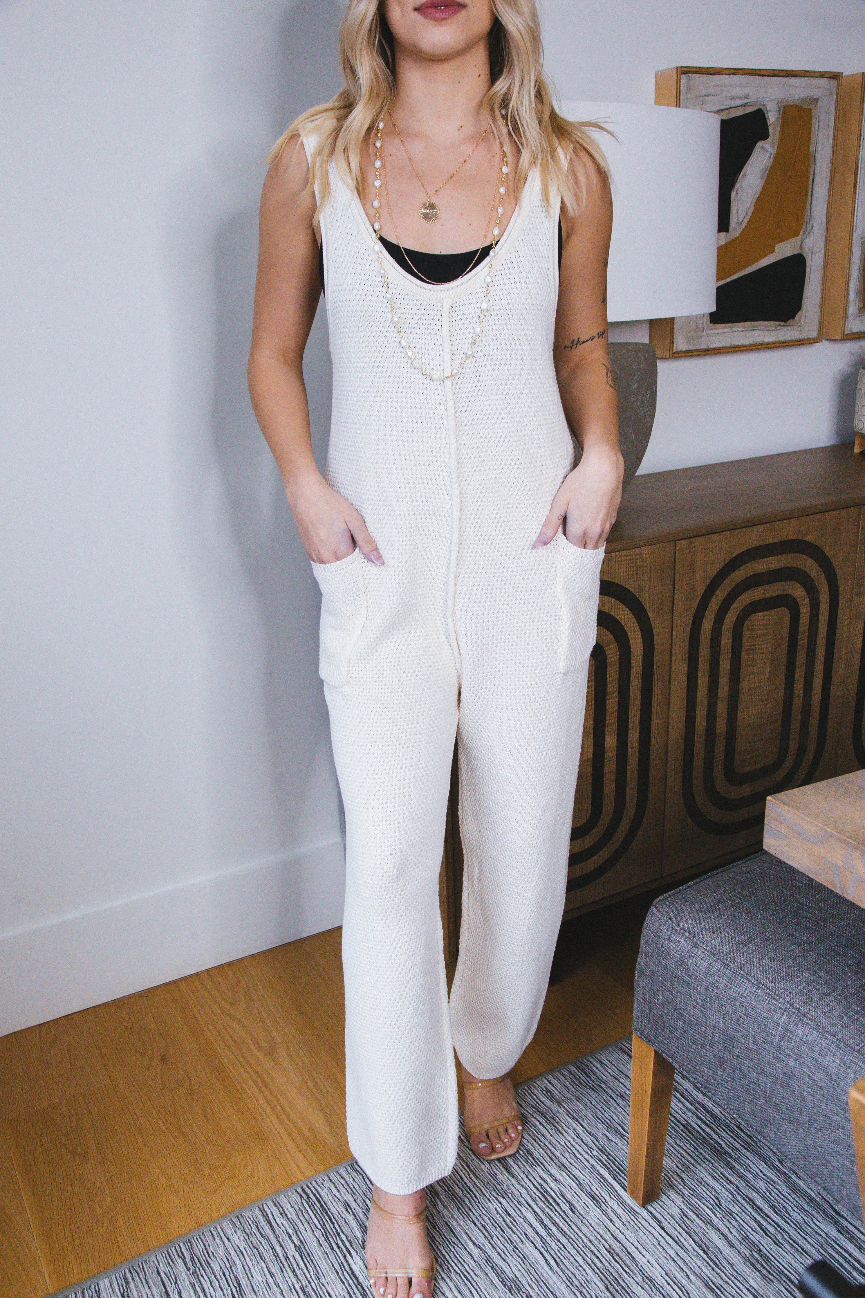 Reina Sleeveless Knit Wide Leg Jumpsuit, Natural