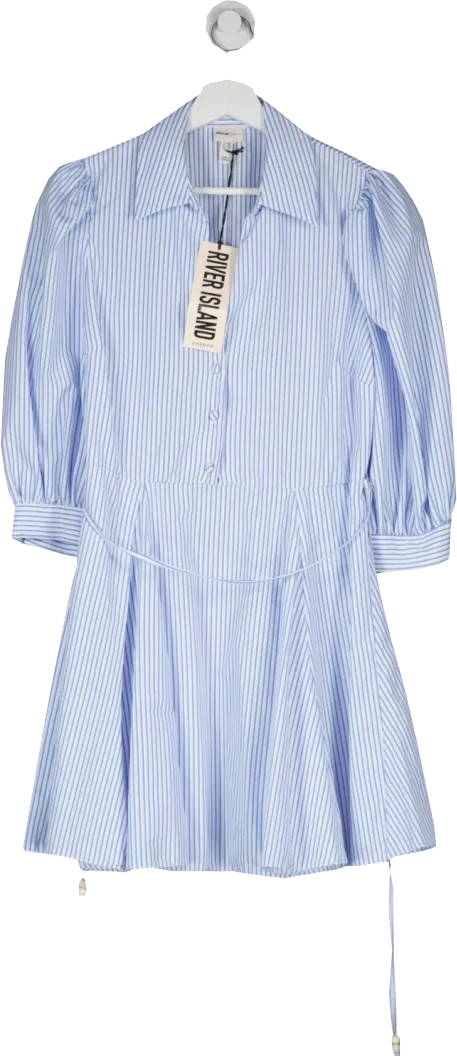 River Island Blue Stripe Puff Sleeve Mini Shirt Dress UK 12