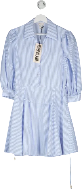 River Island Blue Stripe Puff Sleeve Mini Shirt Dress UK 12