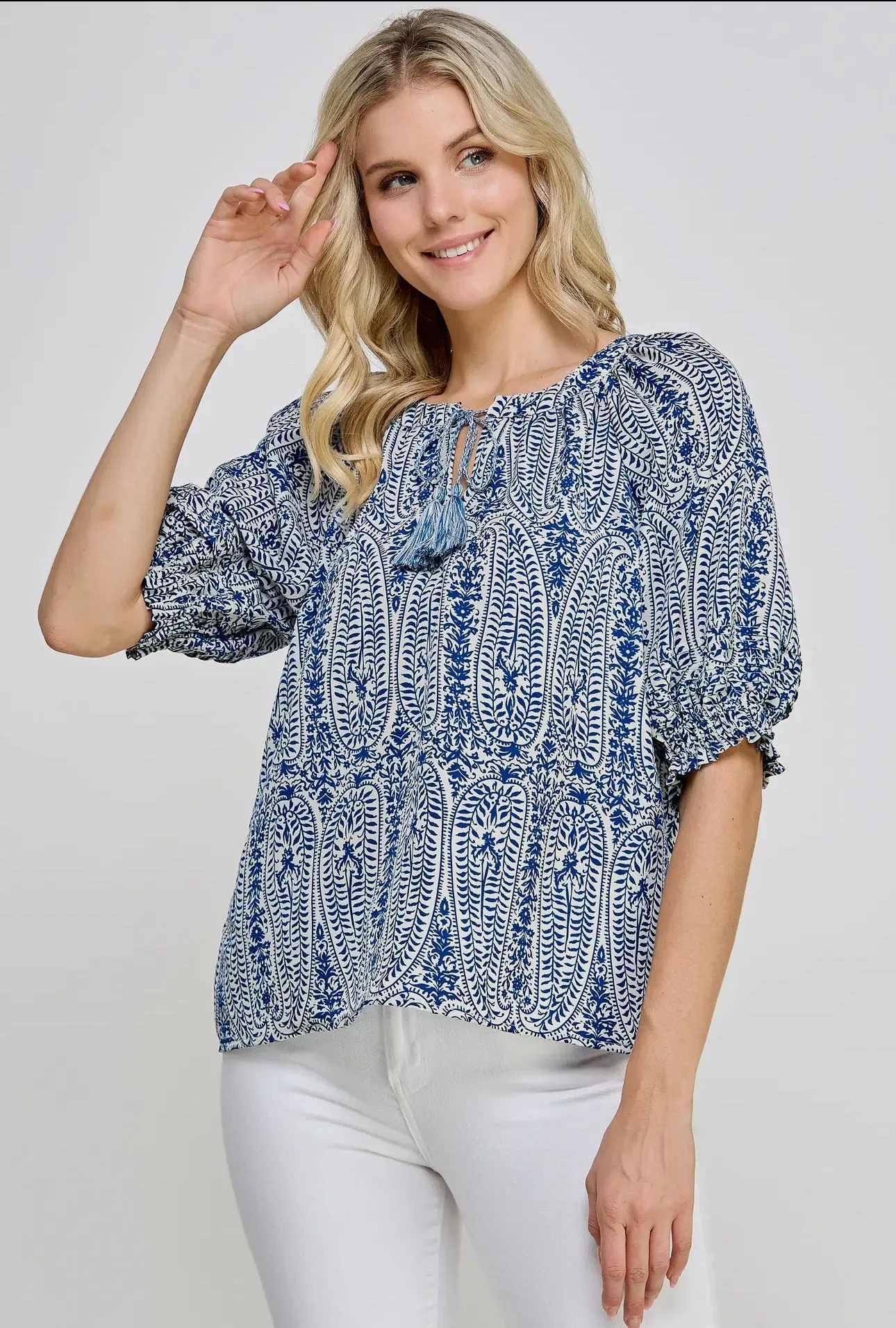 Ellison Paisley Print Shelley Blue Top