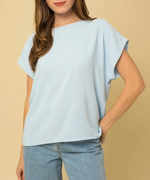 Short Sleeve Back Overlap Top - Light Blue