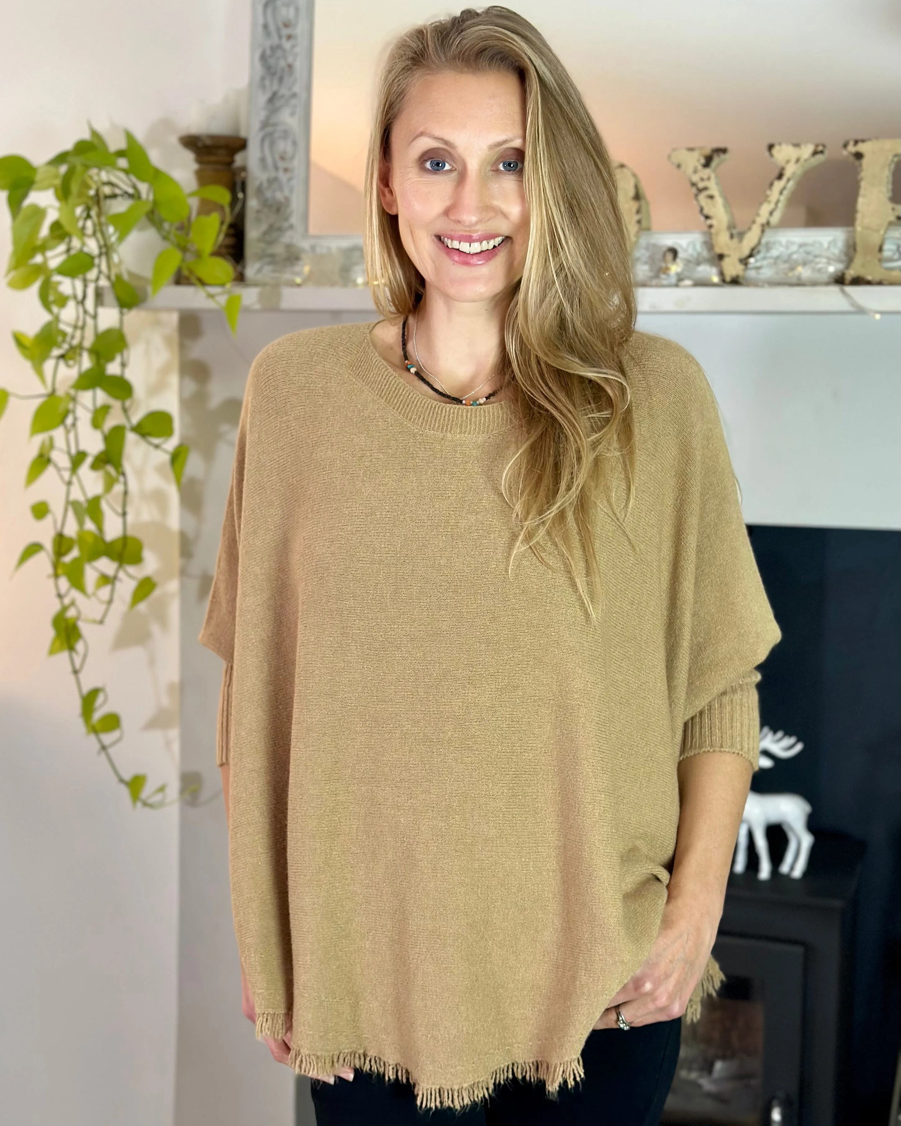 Slash Neck Fringed Poncho Jumper - Coffee