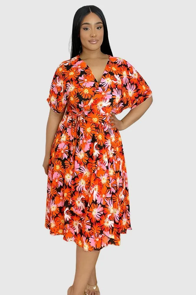 Spring Floral Print Midi Wrap Dress