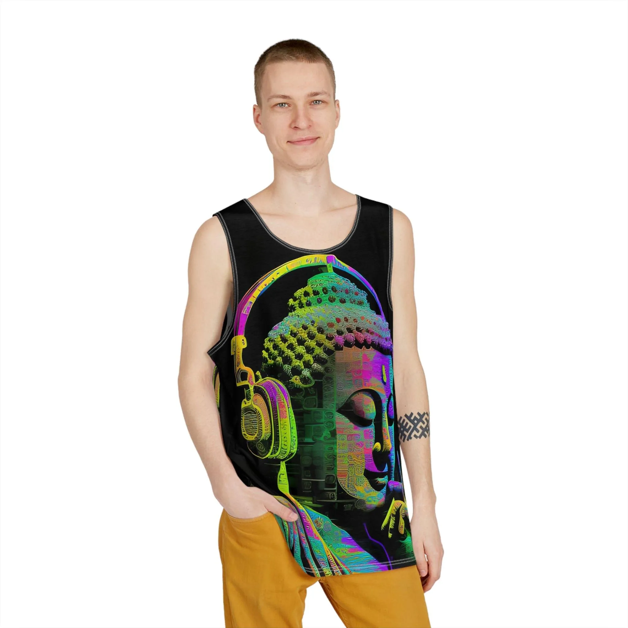 Subtle Smiling Buddha Wearing Headphones Sublimation Print All-Over Design Tank Top - Stylish Comfort for Gym and Streetwear