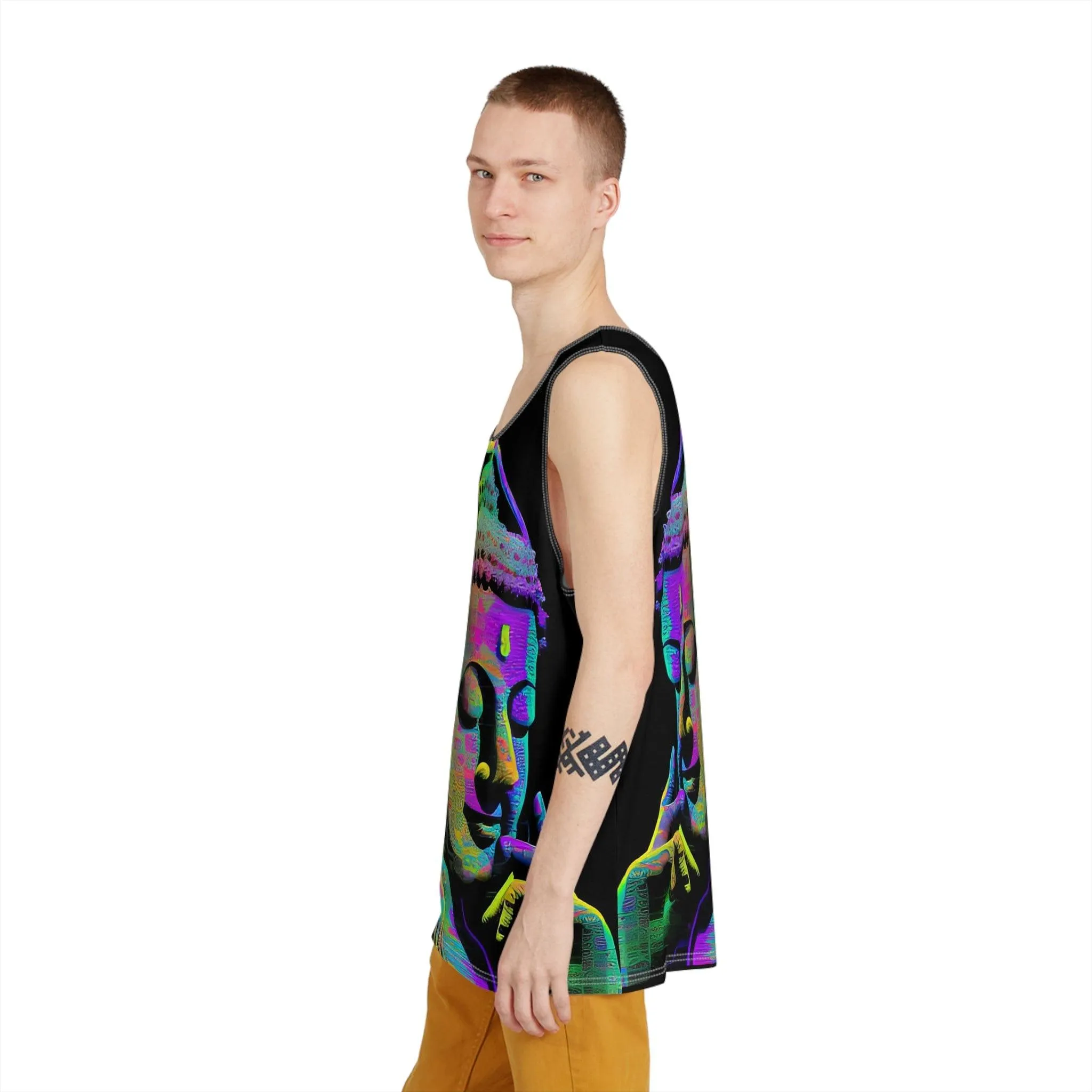 Subtle Smiling Buddha Wearing Headphones Sublimation Print All-Over Design Tank Top - Stylish Comfort for Gym and Streetwear