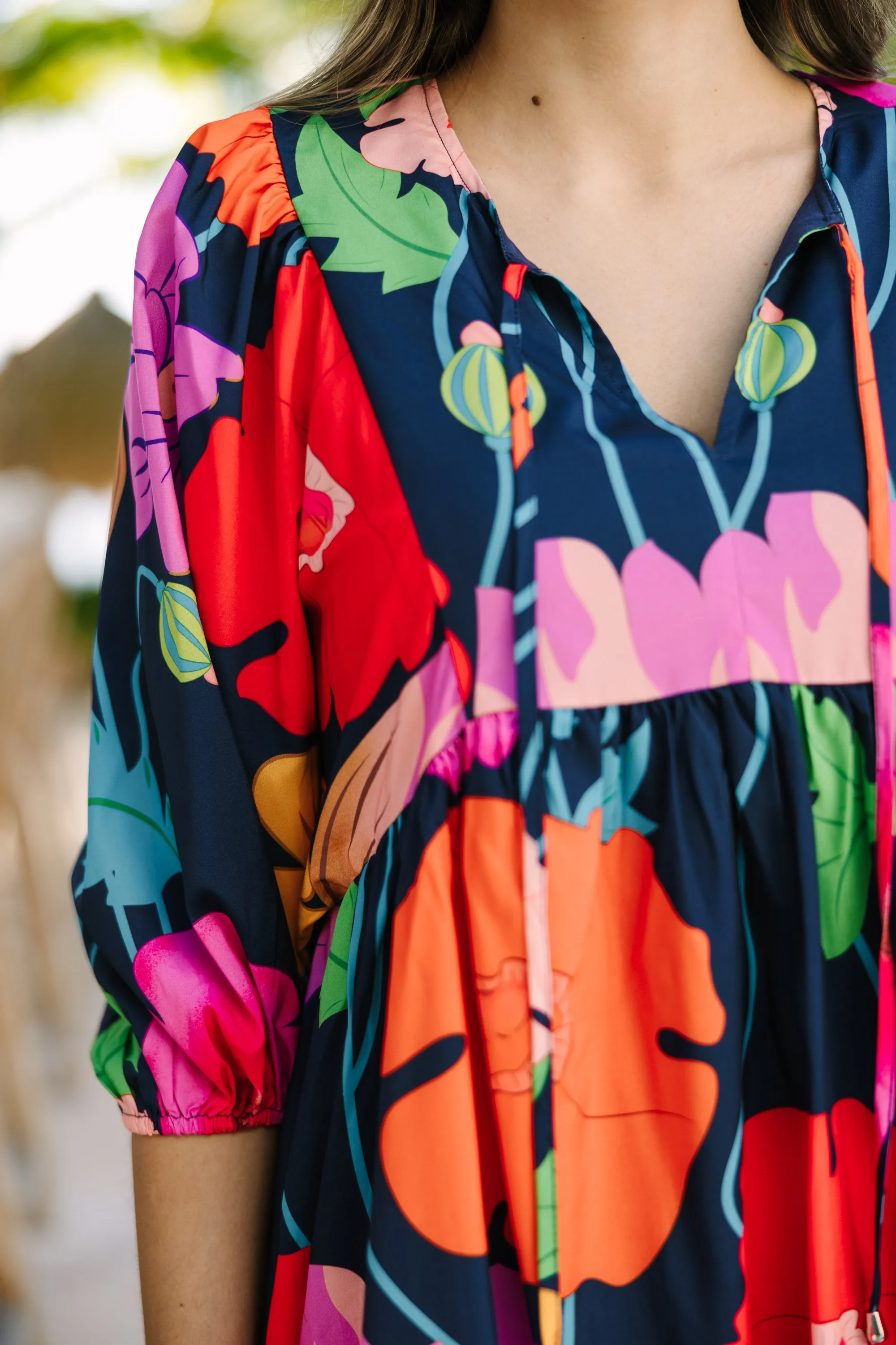 Through The Years Navy Blue Floral Babydoll Dress