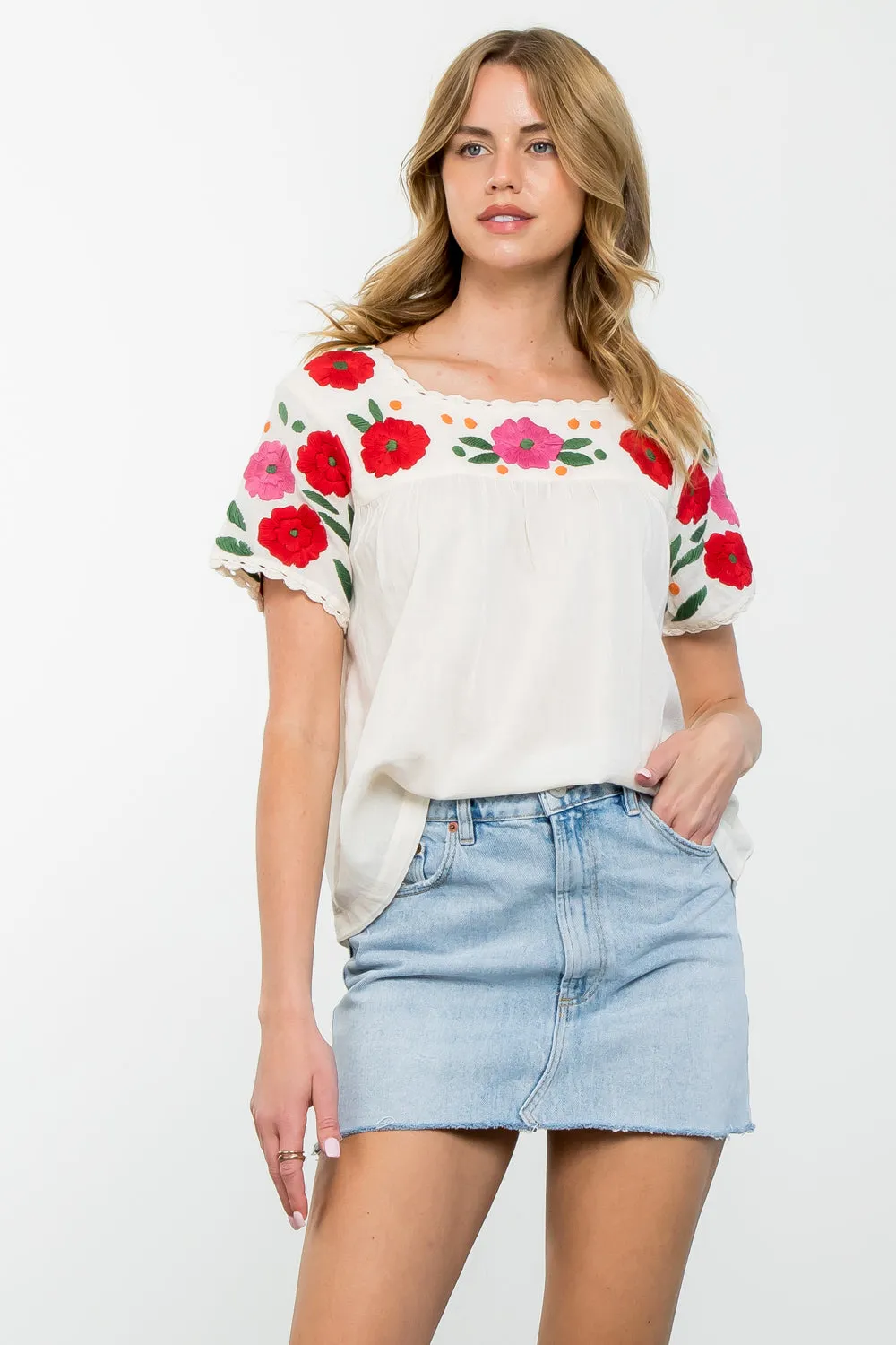 Tonya Flower Embroidered Short SleeveTHML Top