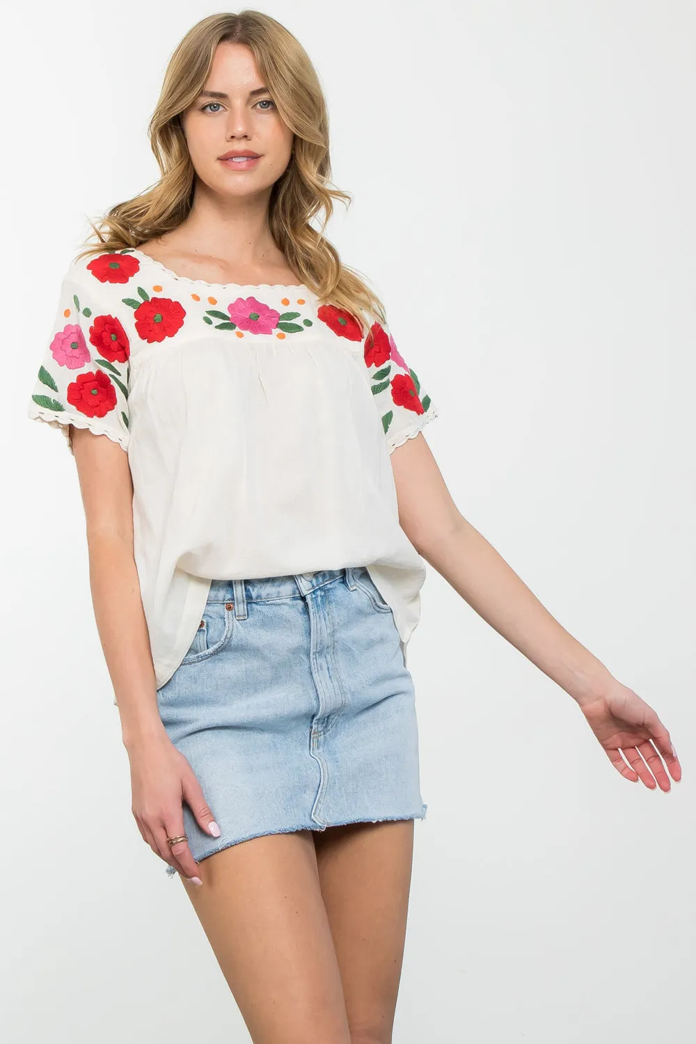 Tonya Flower Embroidered Short SleeveTHML Top