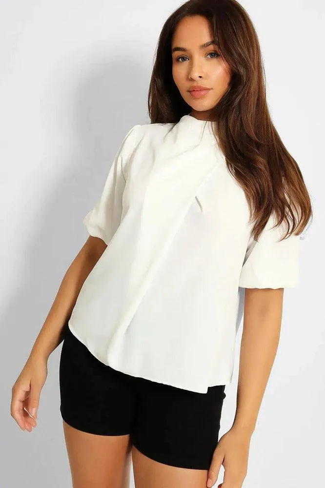 White High Neck Front Pleat Top