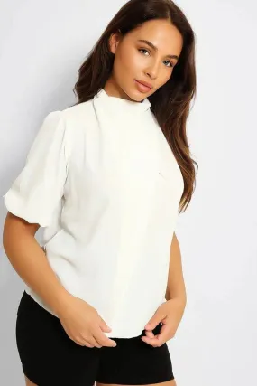 White High Neck Front Pleat Top