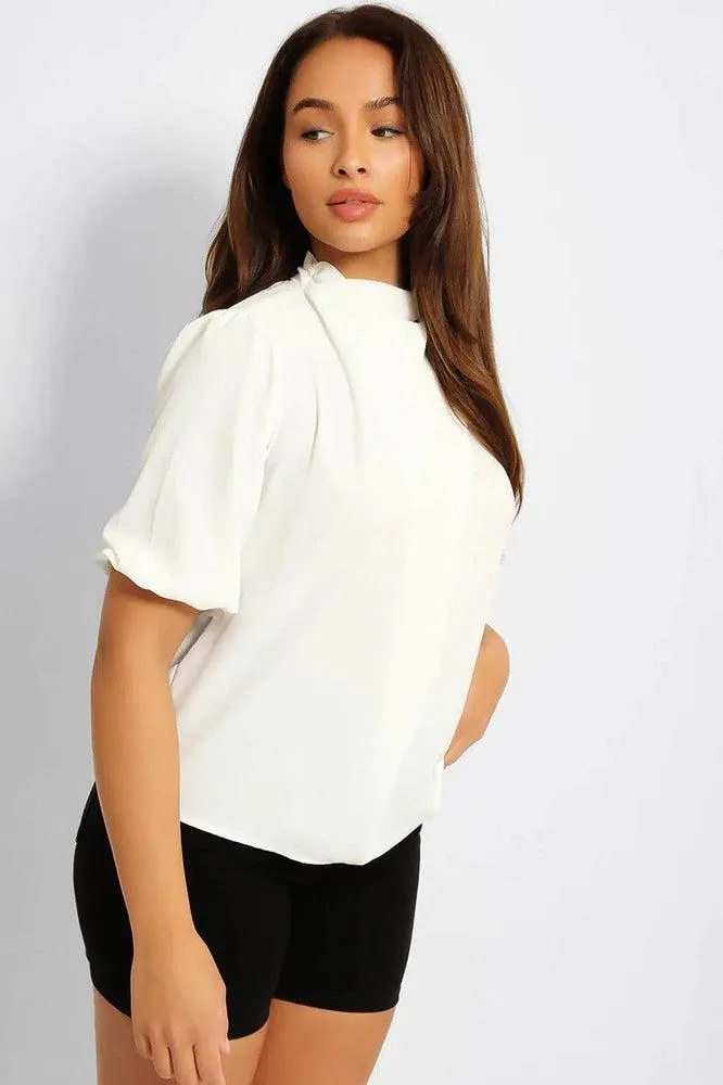 White High Neck Front Pleat Top