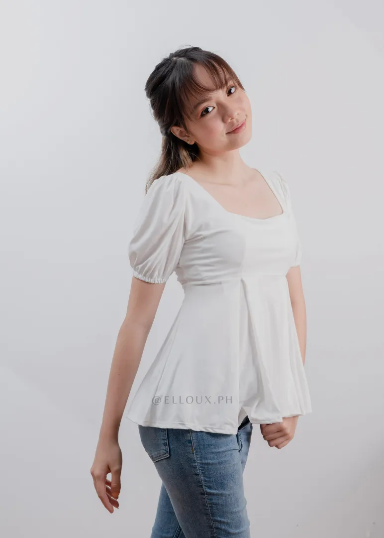 White Square Neck Puffed Sleeves Top