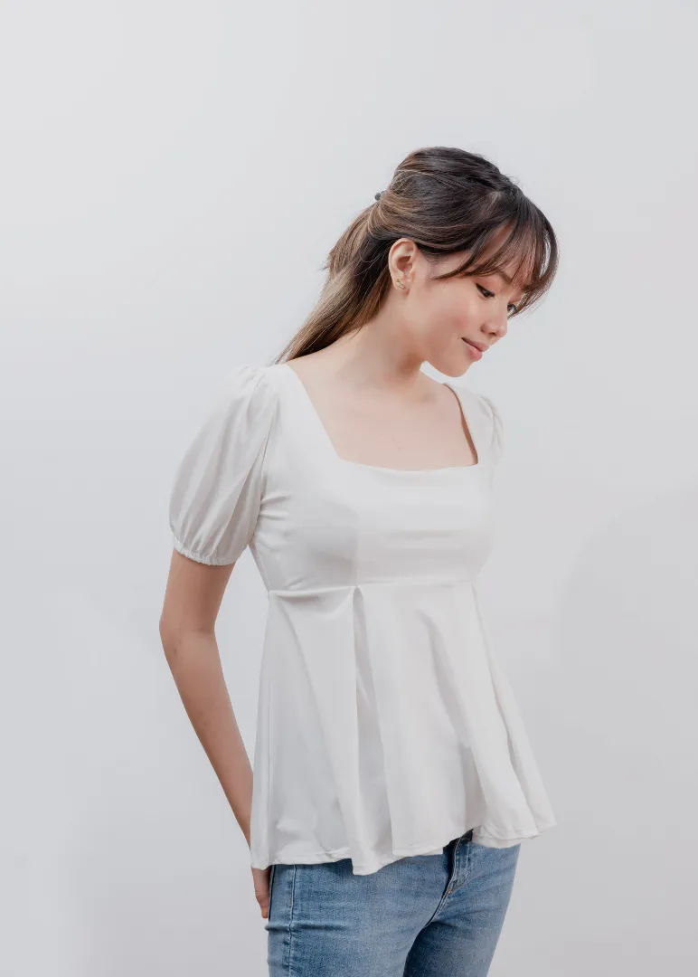 White Square Neck Puffed Sleeves Top